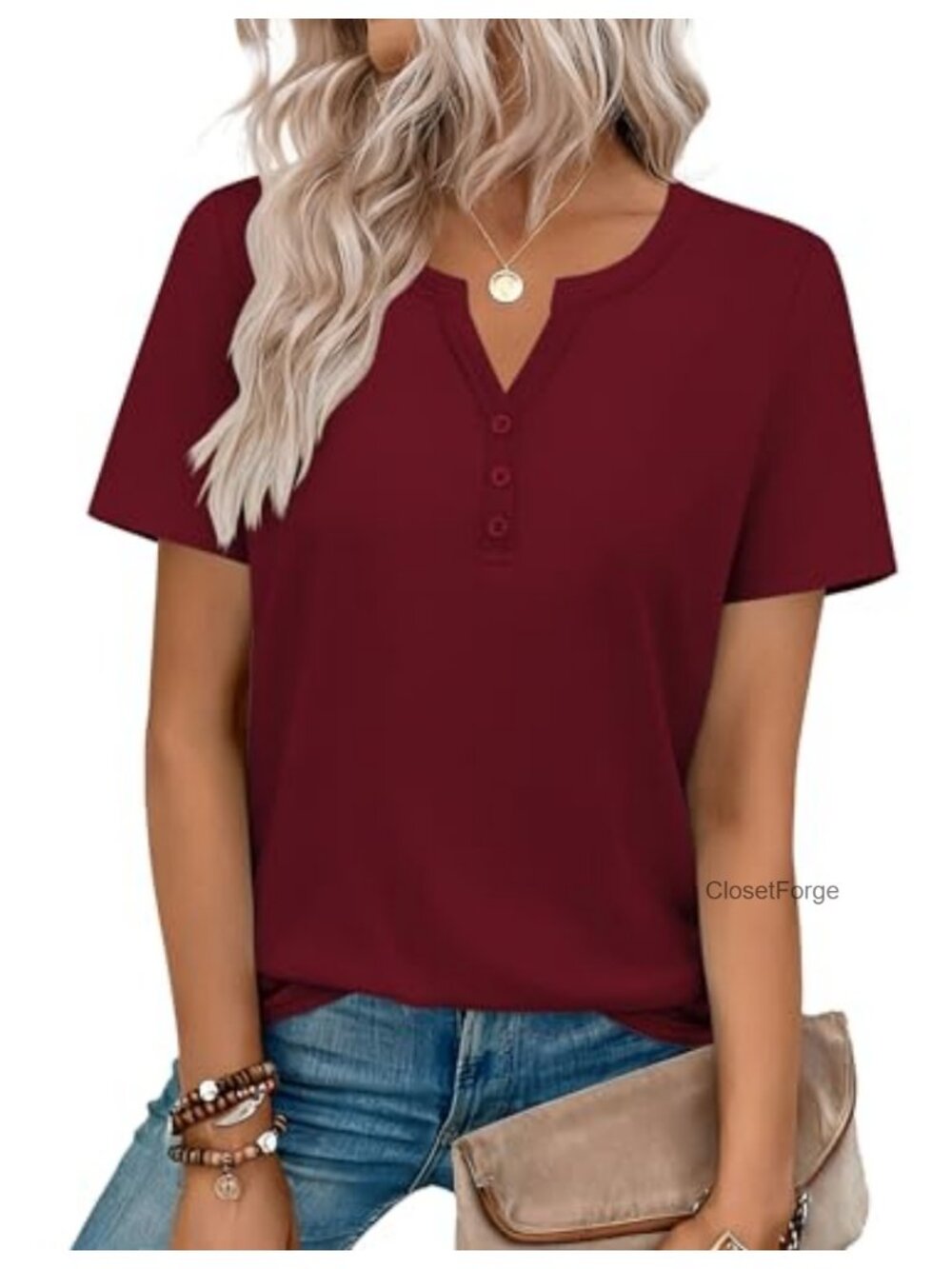 Women's V Neck Henley Short Sleeve Blouse Dressy Casual Lightweight Stretch